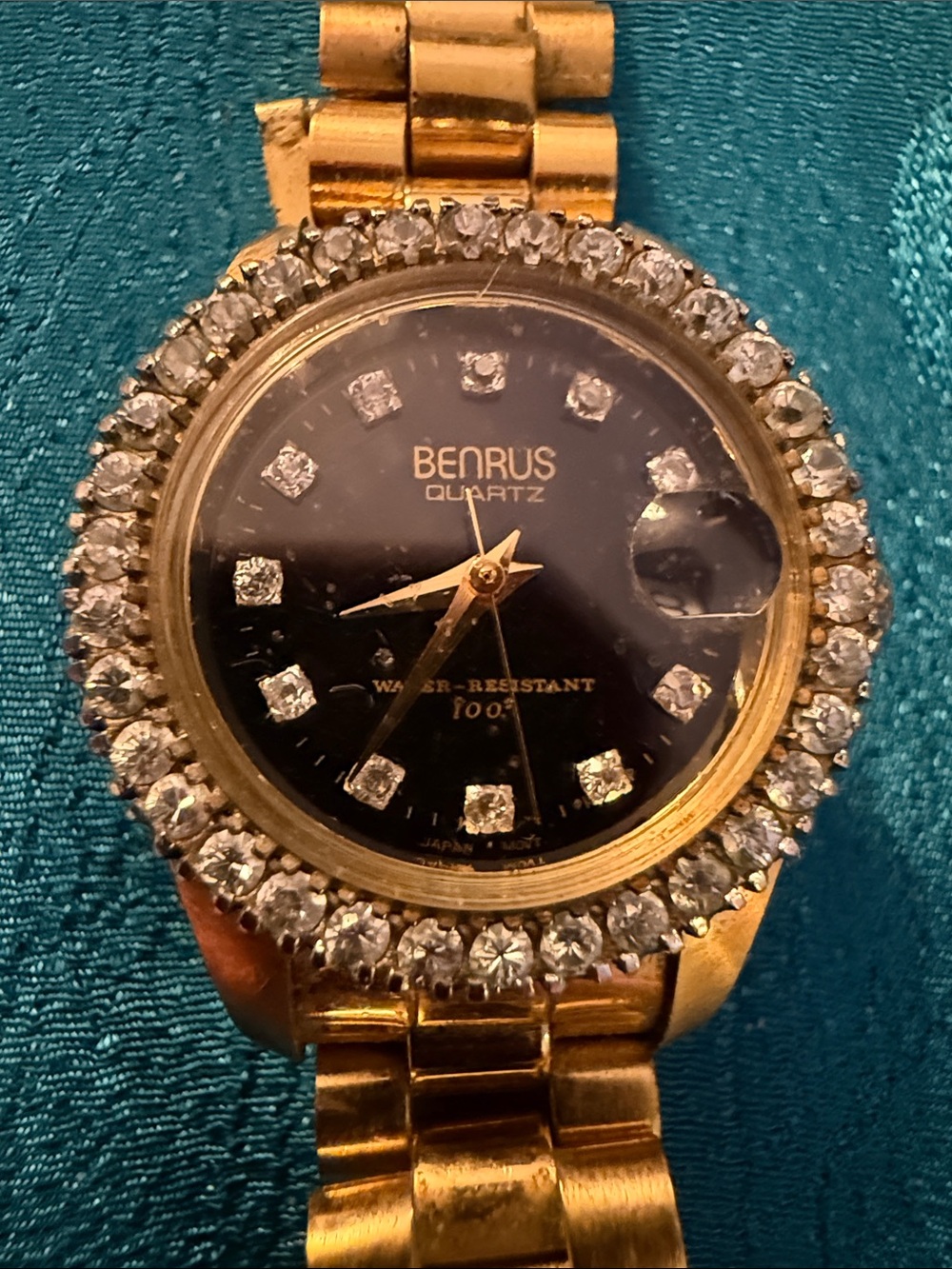 Benrus Gold-Tone Quartz Watch with Black Dial and Crystal Bezel
